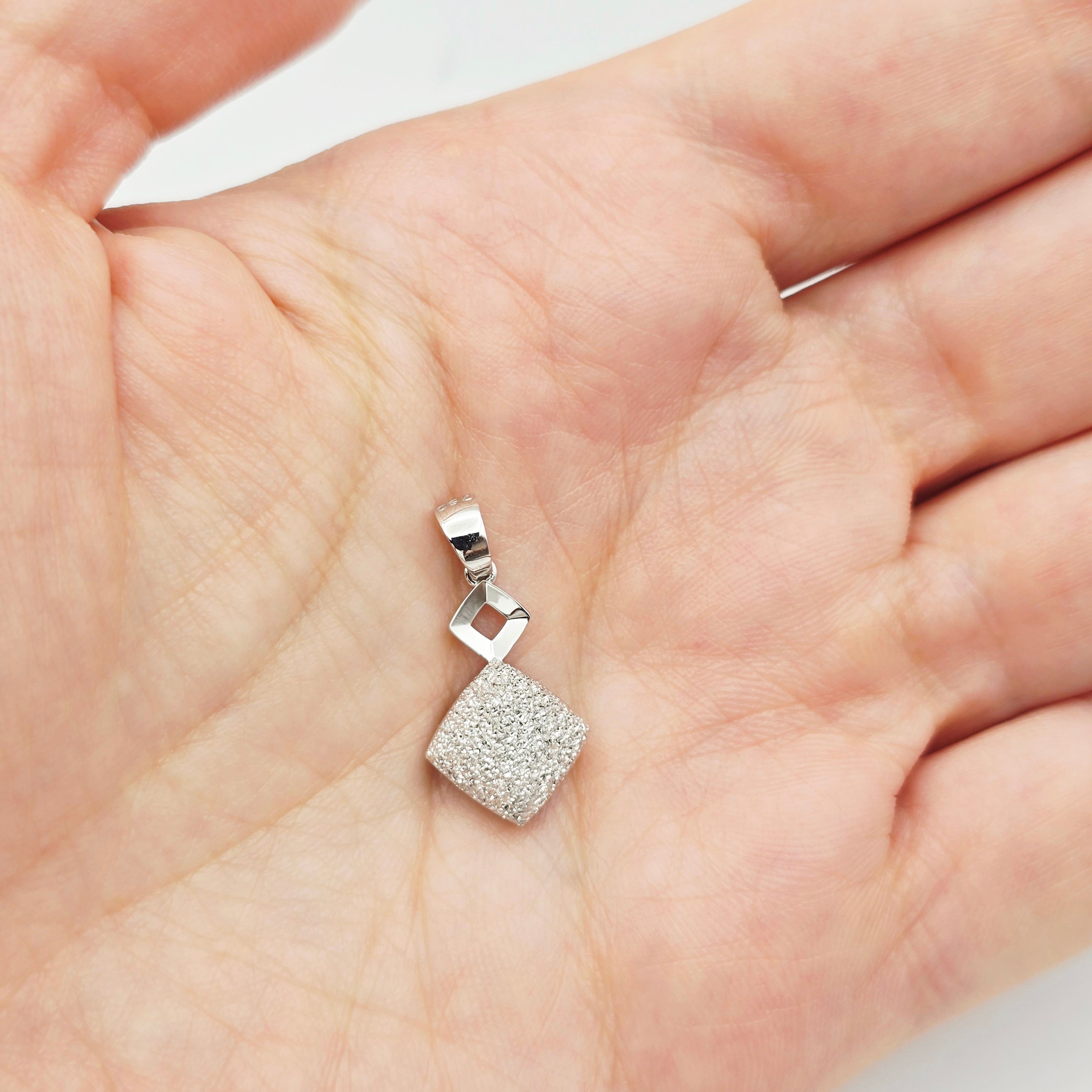 18K White Gold Diamond Cut Square Pendant, Minimalist Charm