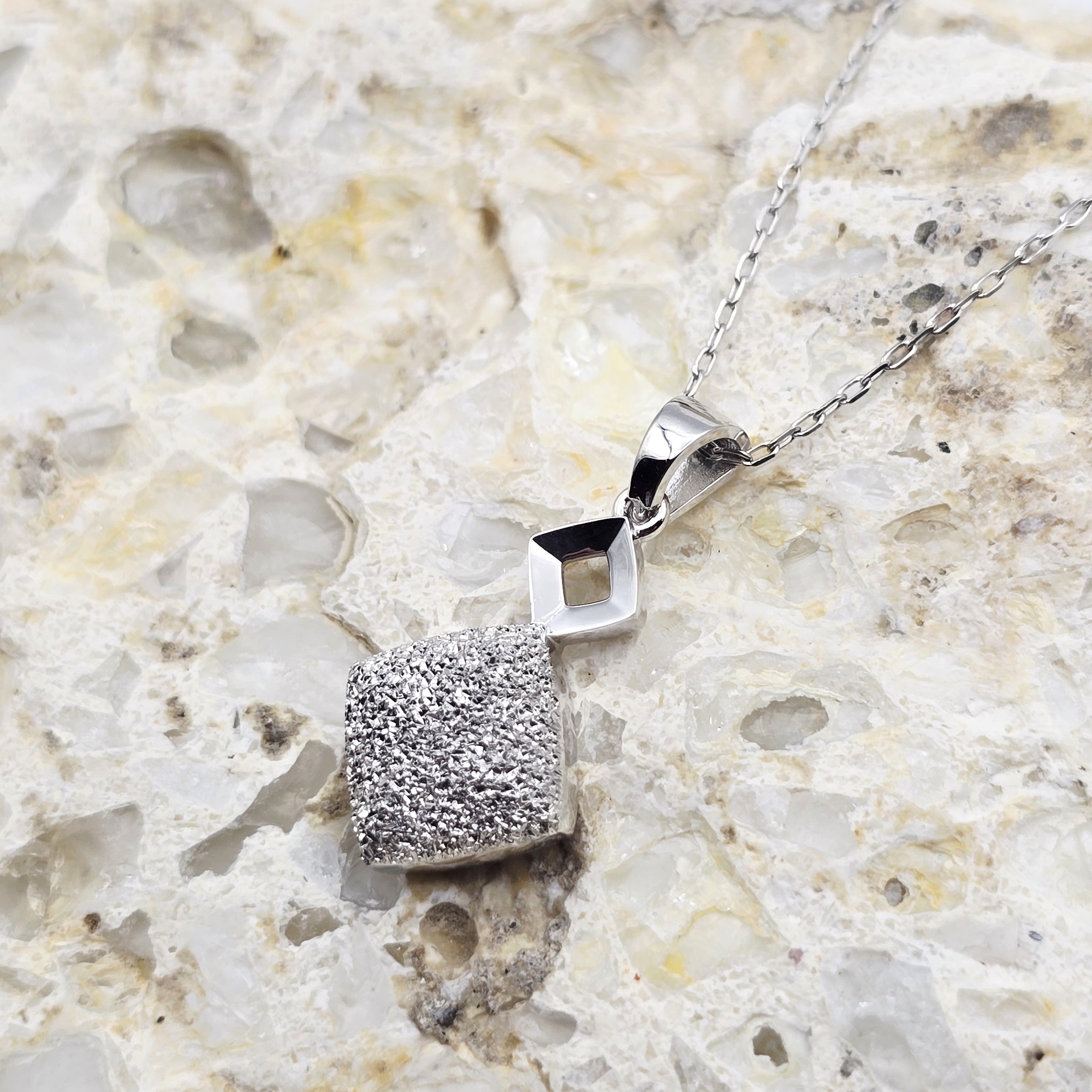 18K White Gold Diamond Cut Square Pendant, Minimalist Charm