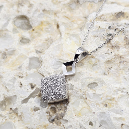 18K White Gold Diamond Cut Square Pendant, Minimalist Charm