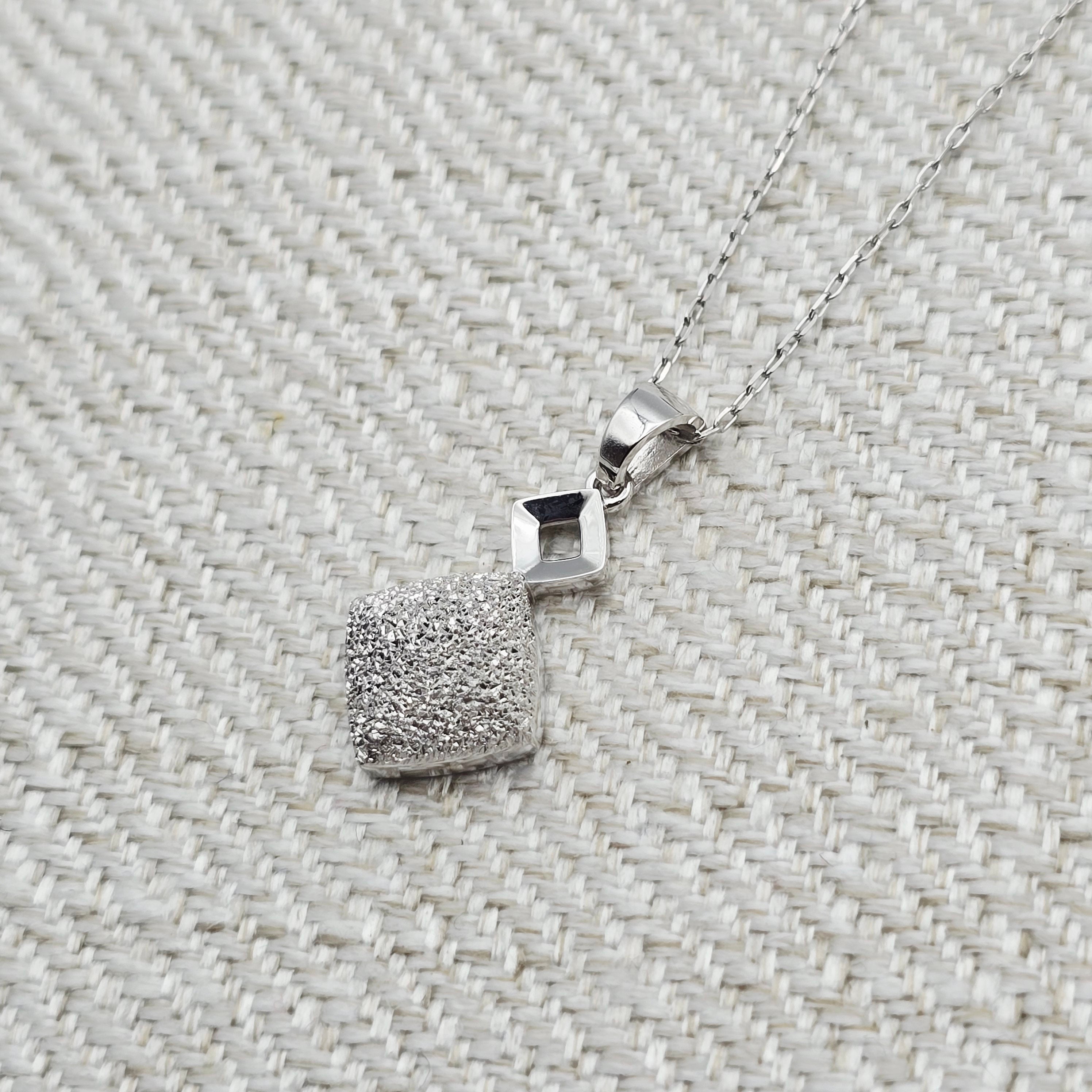 18K White Gold Diamond Cut Square Pendant, Minimalist Charm
