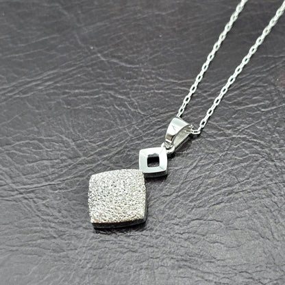 18K White Gold Diamond Cut Square Pendant, Minimalist Charm