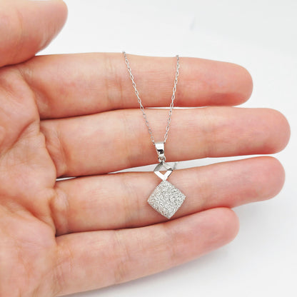 18K White Gold Diamond Cut Square Pendant, Minimalist Charm