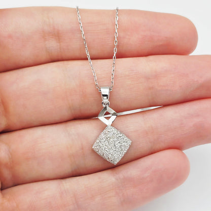 18K White Gold Diamond Cut Square Pendant, Minimalist Charm
