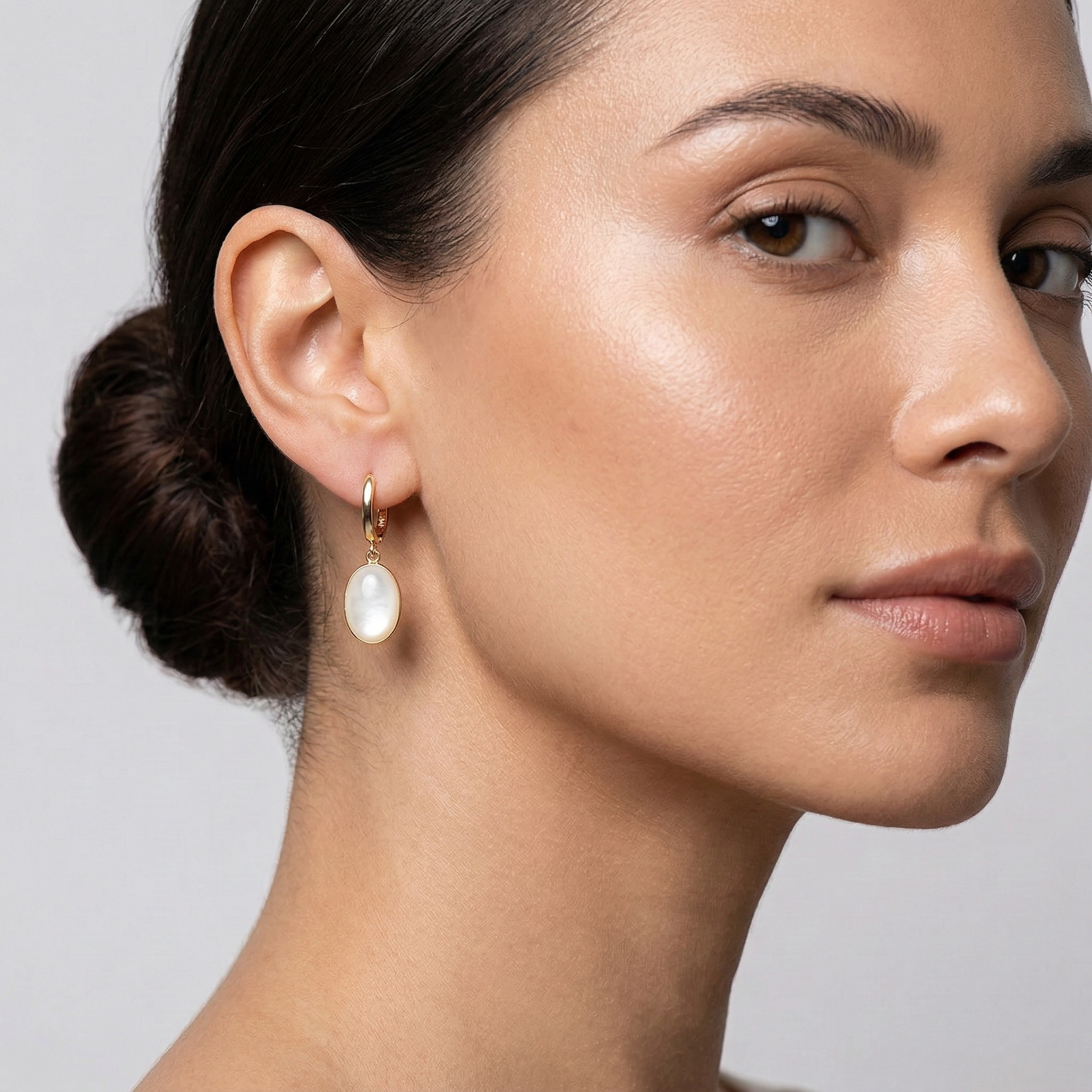14K Yellow Gold Mother of Pearl Earrings, Genuine MOP Oval Dangle Earrings, Solid Gold Leverback Earrings, Elegant Minimalist Jewelry