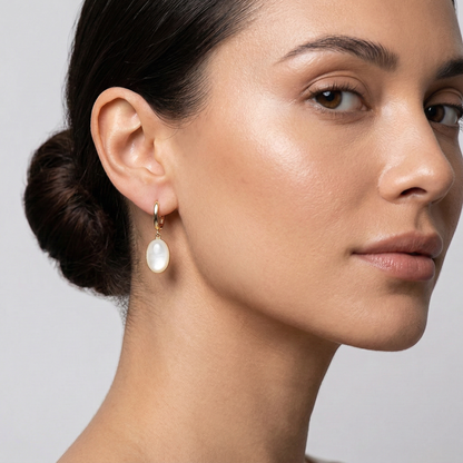 14K Yellow Gold Mother of Pearl Earrings, Genuine MOP Oval Dangle Earrings, Solid Gold Leverback Earrings, Elegant Minimalist Jewelry