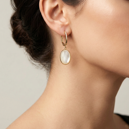 14K Yellow Gold Mother of Pearl Earrings, Genuine MOP Oval Dangle Earrings, Solid Gold Leverback Earrings, Elegant Minimalist Jewelry