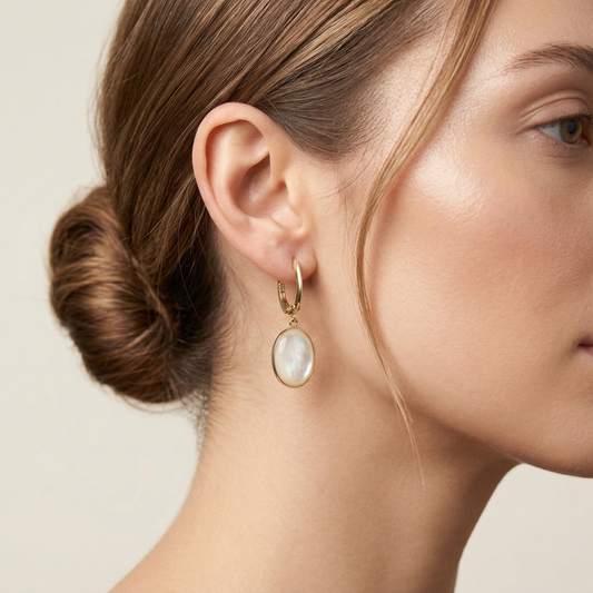 14K Yellow Gold Mother of Pearl Earrings, Genuine MOP Oval Dangle Earrings, Solid Gold Leverback Earrings, Elegant Minimalist Jewelry
