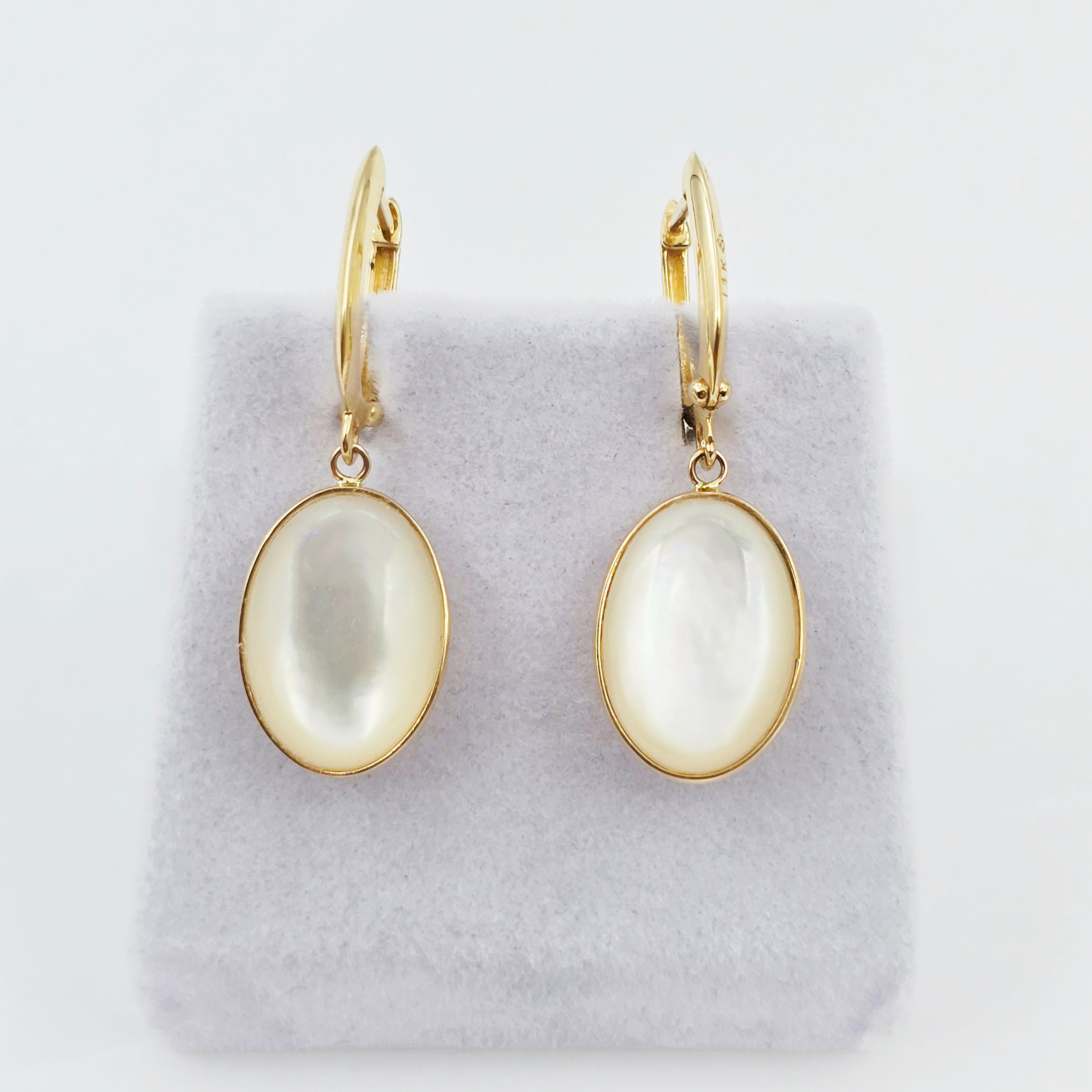 14K Yellow Gold Mother of Pearl Earrings, Genuine MOP Oval Dangle Earrings, Solid Gold Leverback Earrings, Elegant Minimalist Jewelry