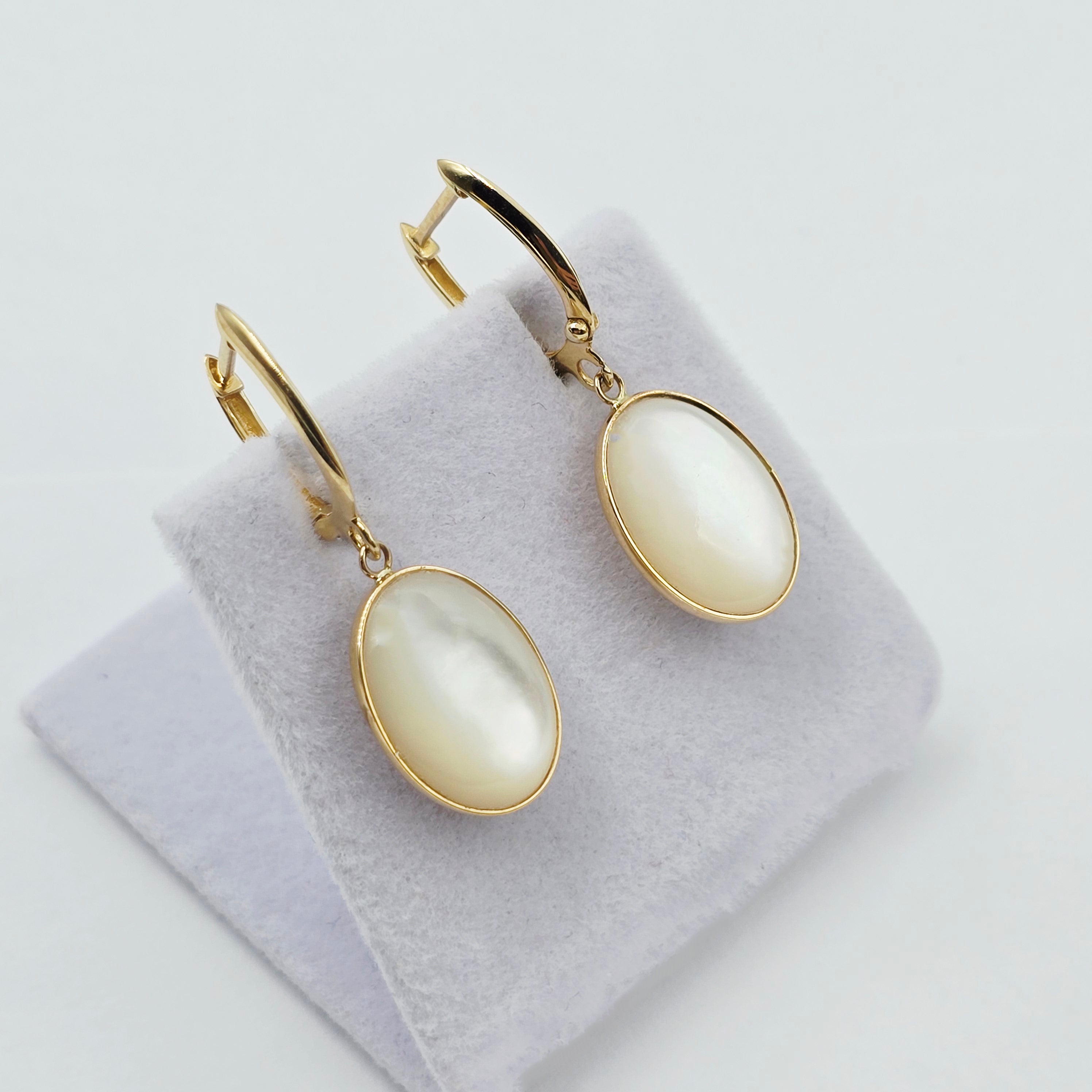 14K Yellow Gold Mother of Pearl Earrings, Genuine MOP Oval Dangle Earrings, Solid Gold Leverback Earrings, Elegant Minimalist Jewelry