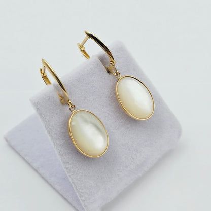 14K Yellow Gold Mother of Pearl Earrings, Genuine MOP Oval Dangle Earrings, Solid Gold Leverback Earrings, Elegant Minimalist Jewelry