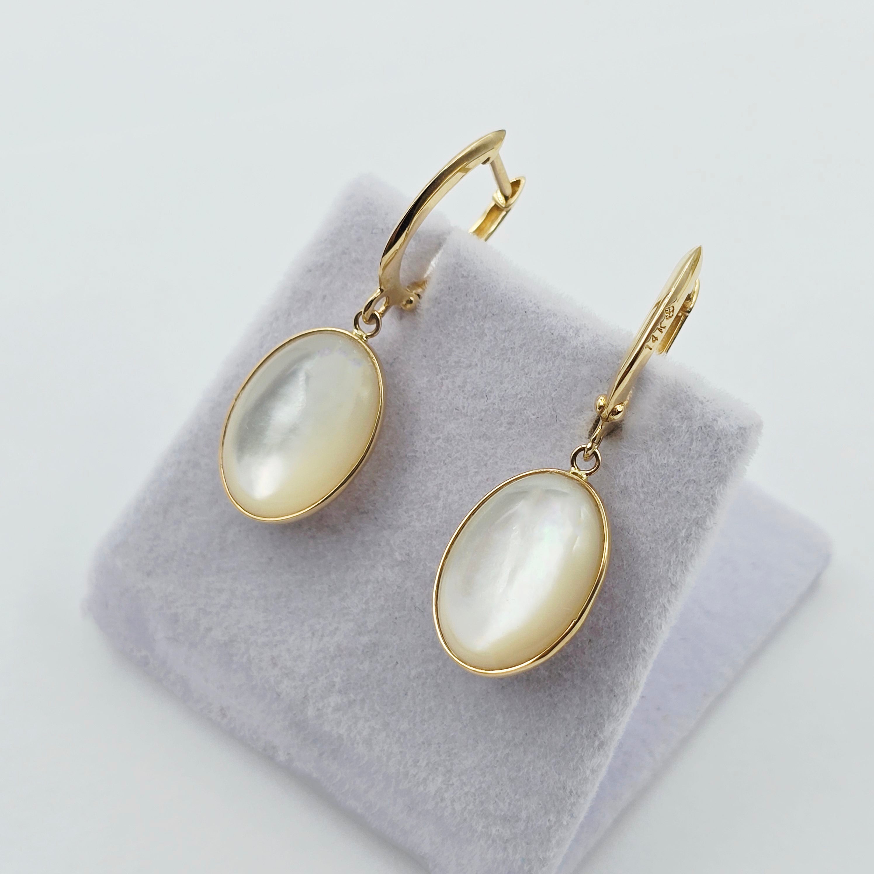 14K Yellow Gold Mother of Pearl Earrings, Genuine MOP Oval Dangle Earrings, Solid Gold Leverback Earrings, Elegant Minimalist Jewelry