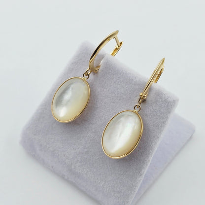 14K Yellow Gold Mother of Pearl Earrings, Genuine MOP Oval Dangle Earrings, Solid Gold Leverback Earrings, Elegant Minimalist Jewelry