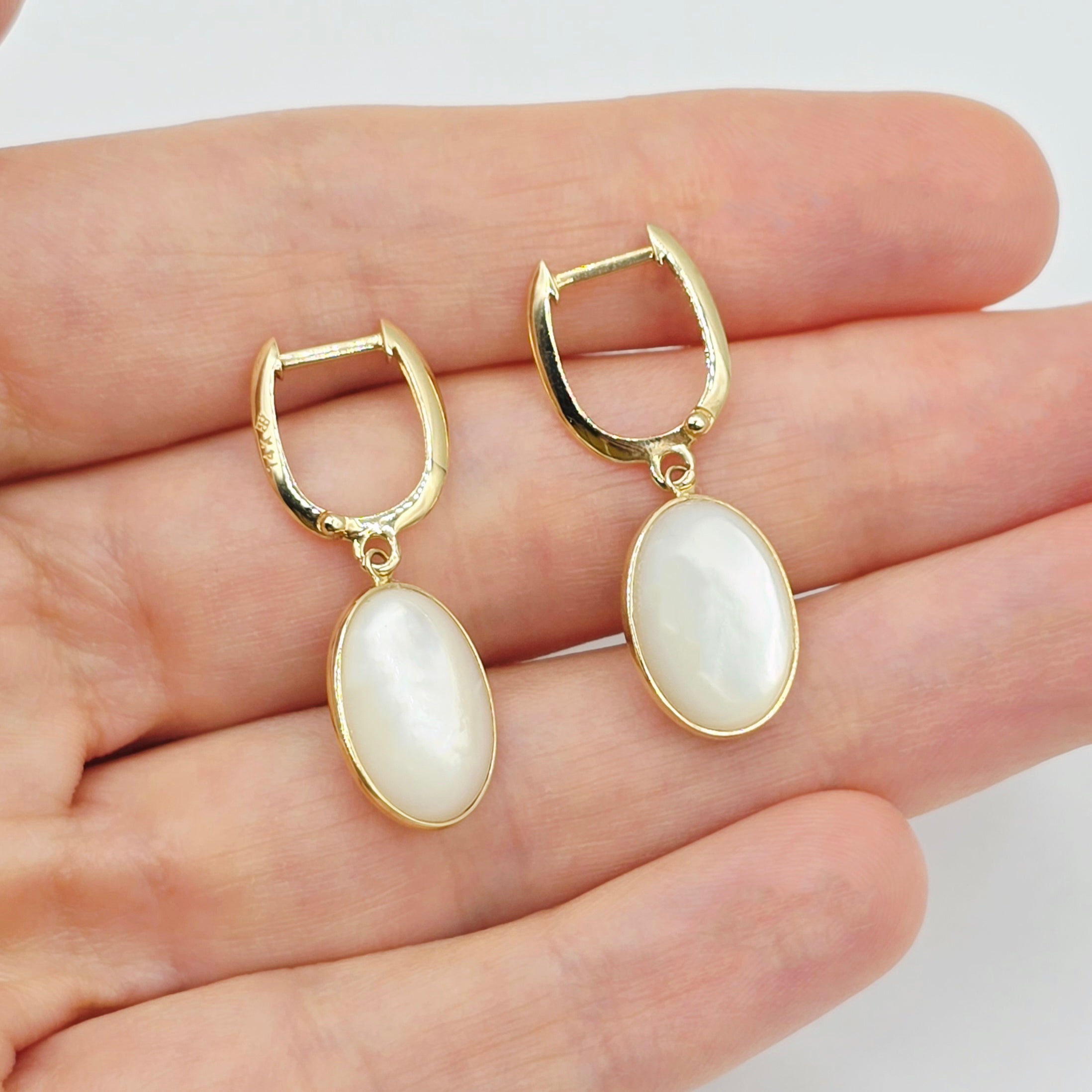 14K Yellow Gold Mother of Pearl Earrings, Genuine MOP Oval Dangle Earrings, Solid Gold Leverback Earrings, Elegant Minimalist Jewelry