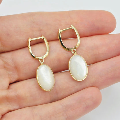 14K Yellow Gold Mother of Pearl Earrings, Genuine MOP Oval Dangle Earrings, Solid Gold Leverback Earrings, Elegant Minimalist Jewelry
