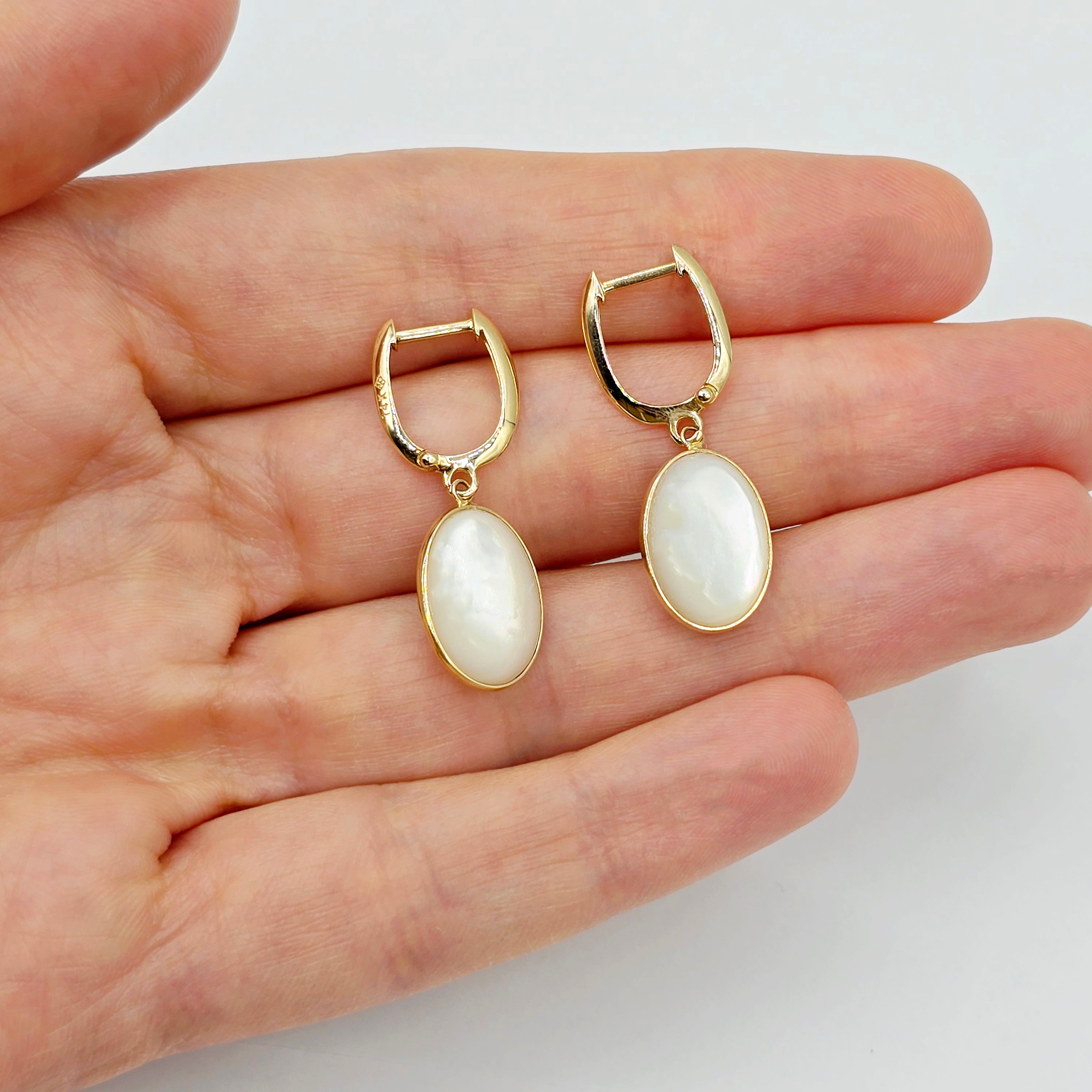 14K Yellow Gold Mother of Pearl Earrings, Genuine MOP Oval Dangle Earrings, Solid Gold Leverback Earrings, Elegant Minimalist Jewelry