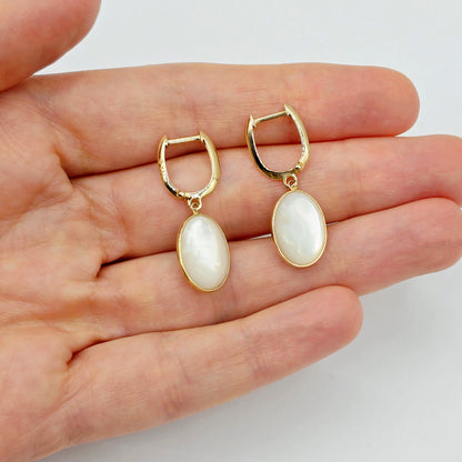 14K Yellow Gold Mother of Pearl Earrings, Genuine MOP Oval Dangle Earrings, Solid Gold Leverback Earrings, Elegant Minimalist Jewelry