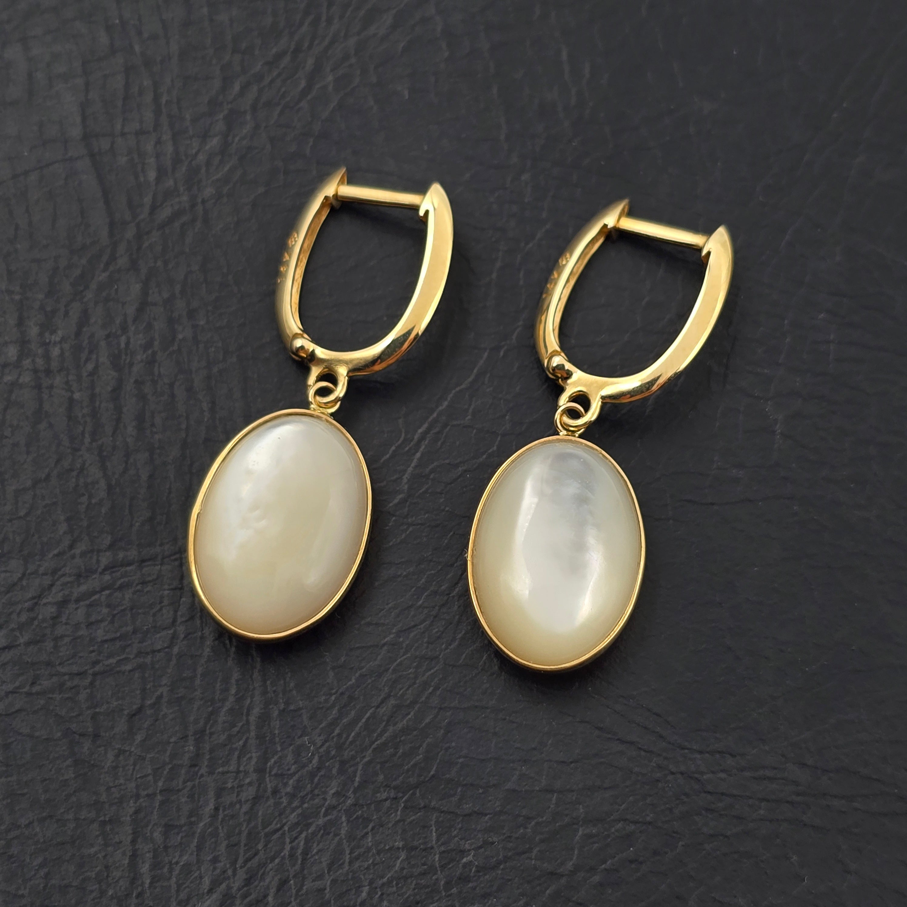 14K Yellow Gold Mother of Pearl Earrings, Genuine MOP Oval Dangle Earrings, Solid Gold Leverback Earrings, Elegant Minimalist Jewelry