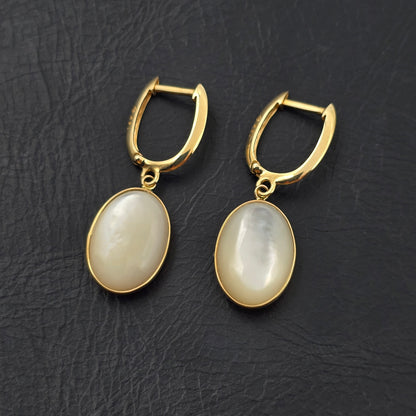 14K Yellow Gold Mother of Pearl Earrings, Genuine MOP Oval Dangle Earrings, Solid Gold Leverback Earrings, Elegant Minimalist Jewelry