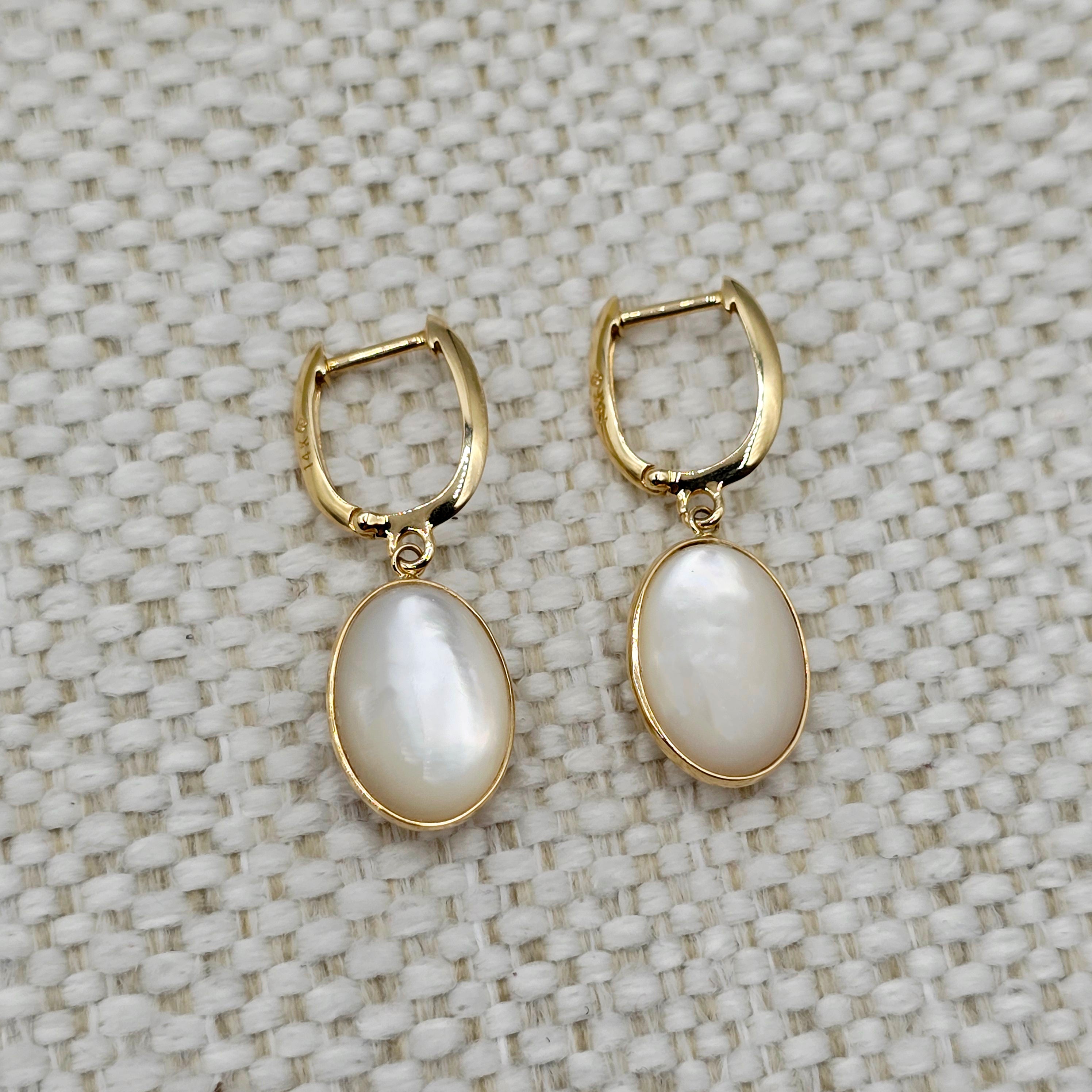 14K Yellow Gold Mother of Pearl Earrings, Genuine MOP Oval Dangle Earrings, Solid Gold Leverback Earrings, Elegant Minimalist Jewelry