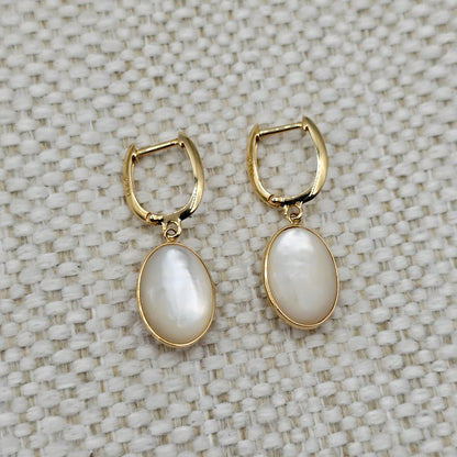 14K Yellow Gold Mother of Pearl Earrings, Genuine MOP Oval Dangle Earrings, Solid Gold Leverback Earrings, Elegant Minimalist Jewelry