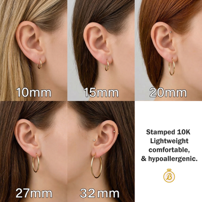 10K Yellow Gold Hoop Earrings 1.5mm, Thin Gold Hoops, Minimalist Gold Earrings, Small to Large Hoop Earrings, Everyday Jewelry Gift
