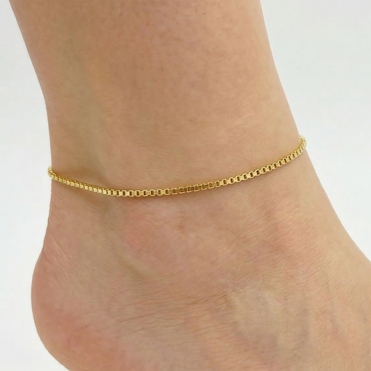 10K Solid Yellow Gold Box Chain Anklet, Real Gold Minimalist Anklet Bracelet, Dainty Everyday Gold Anklet for Women