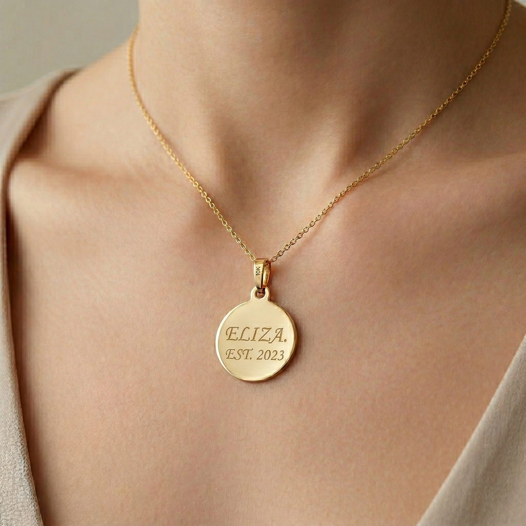 10K Yellow Gold Round Disc Pendant Necklace, Engravable Circle Pendant, Minimalist Unisex Gold Charm, Personalized Jewelry Gift for Her