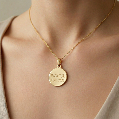 10K Yellow Gold Round Disc Pendant Necklace, Engravable Circle Pendant, Minimalist Unisex Gold Charm, Personalized Jewelry Gift for Her