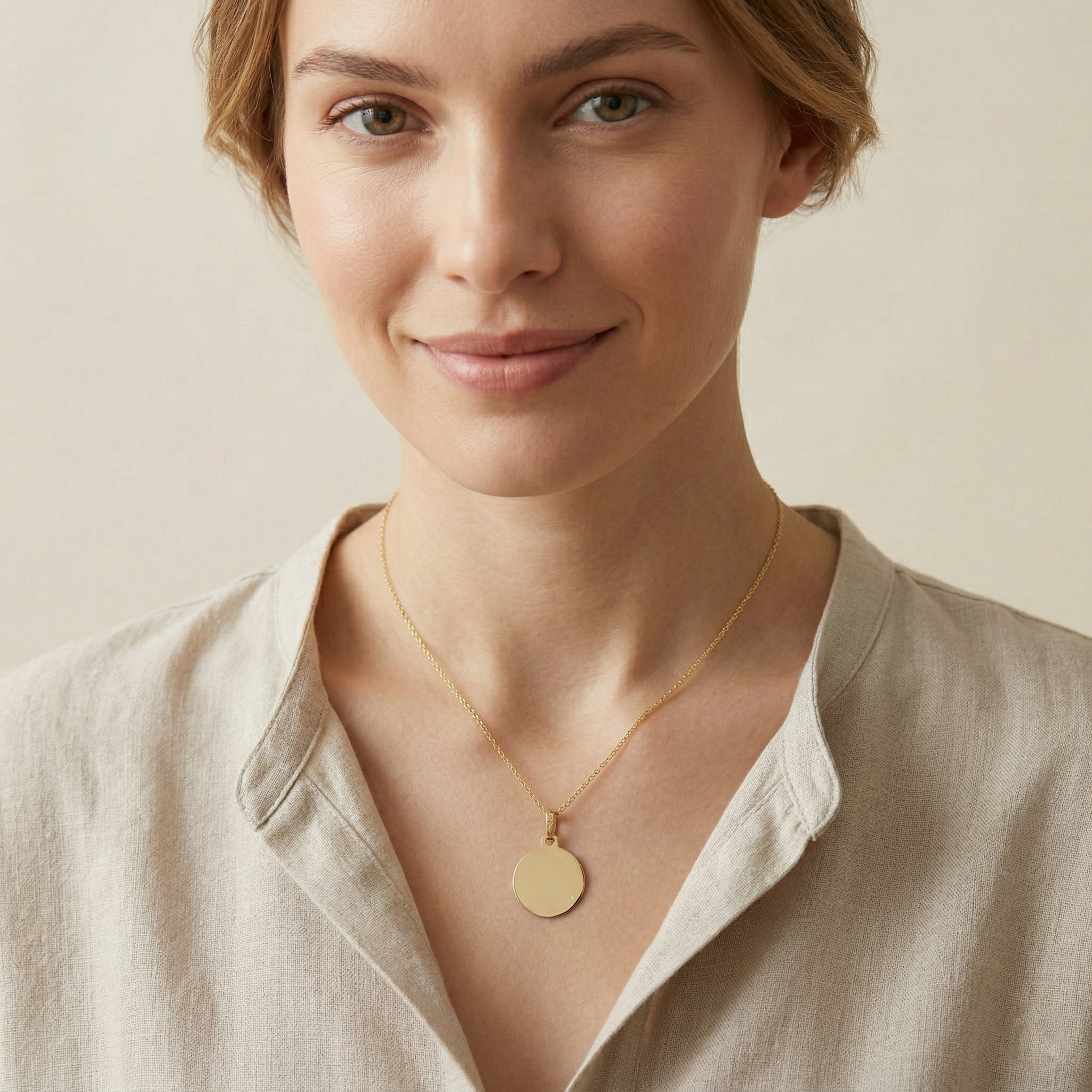 10K Yellow Gold Round Disc Pendant Necklace, Engravable Circle Pendant, Minimalist Unisex Gold Charm, Personalized Jewelry Gift for Her