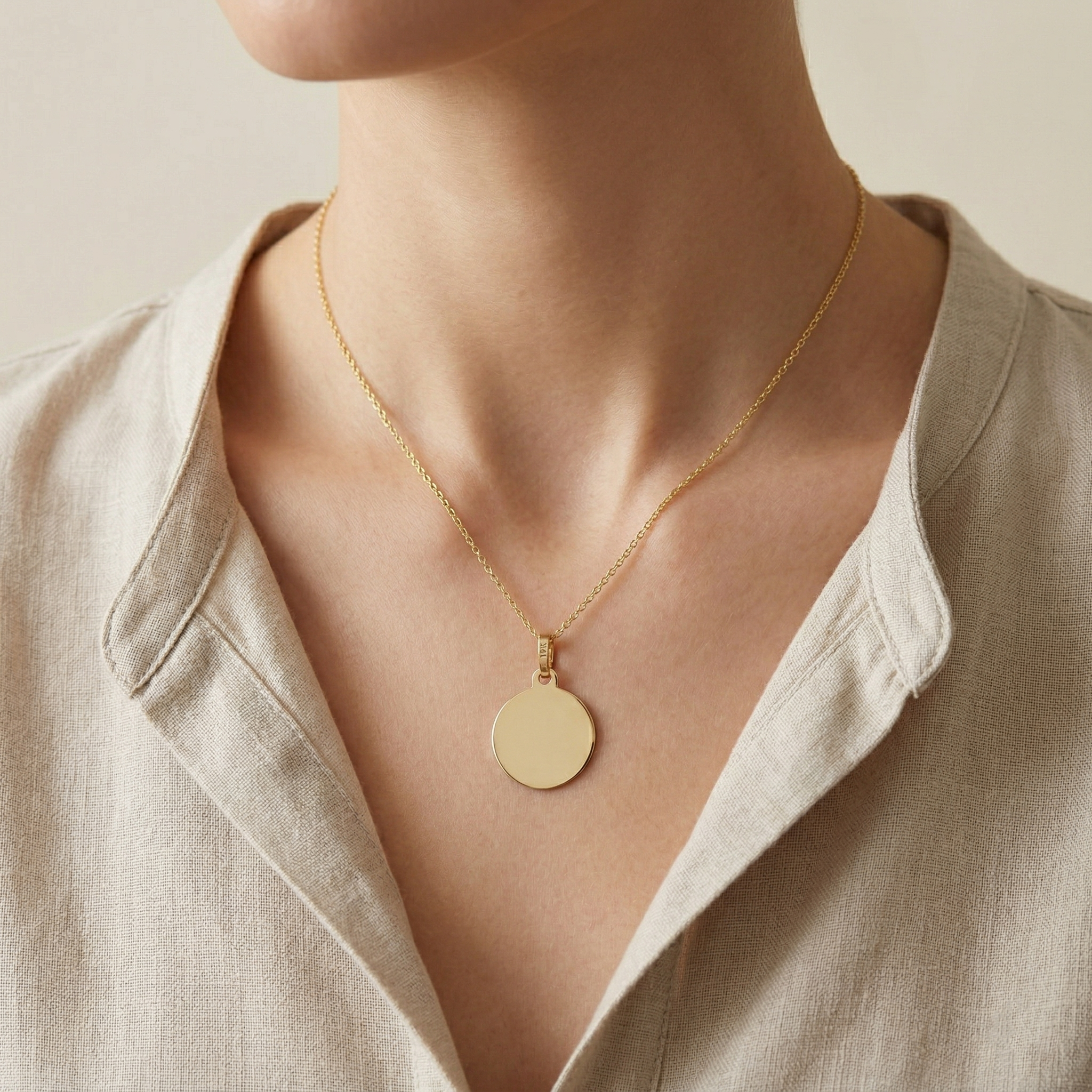 10K Yellow Gold Round Disc Pendant Necklace, Engravable Circle Pendant, Minimalist Unisex Gold Charm, Personalized Jewelry Gift for Her