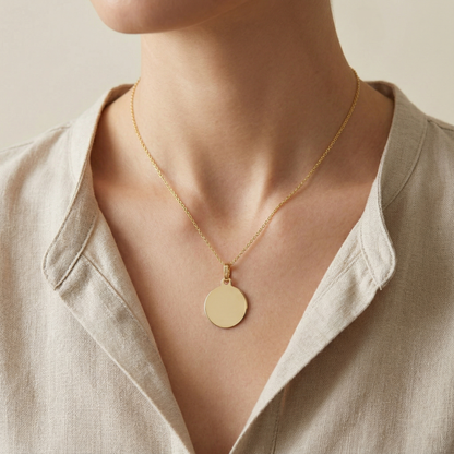 10K Yellow Gold Round Disc Pendant Necklace, Engravable Circle Pendant, Minimalist Unisex Gold Charm, Personalized Jewelry Gift for Her