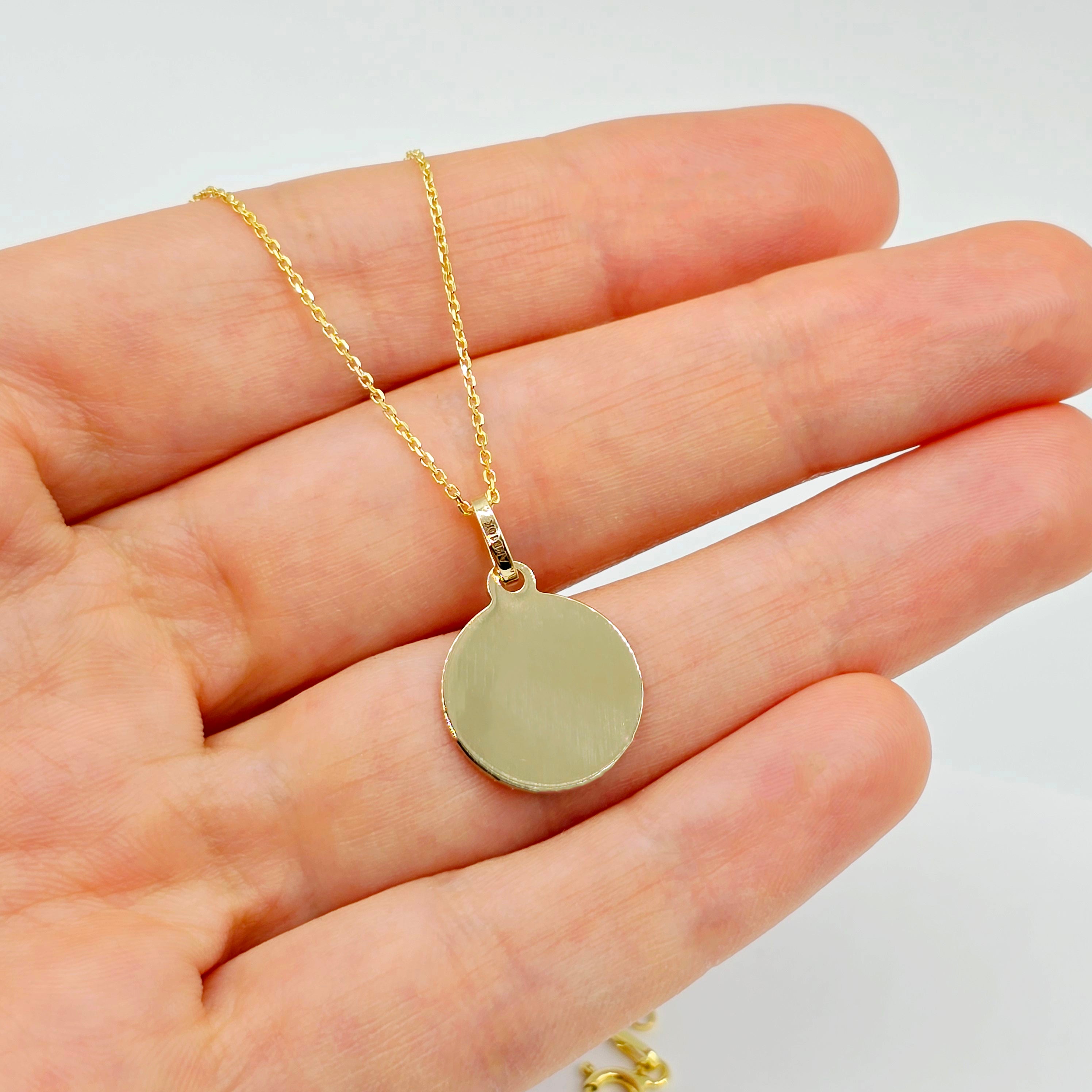 10K Yellow Gold Round Disc Pendant Necklace, Engravable Circle Pendant, Minimalist Unisex Gold Charm, Personalized Jewelry Gift for Her