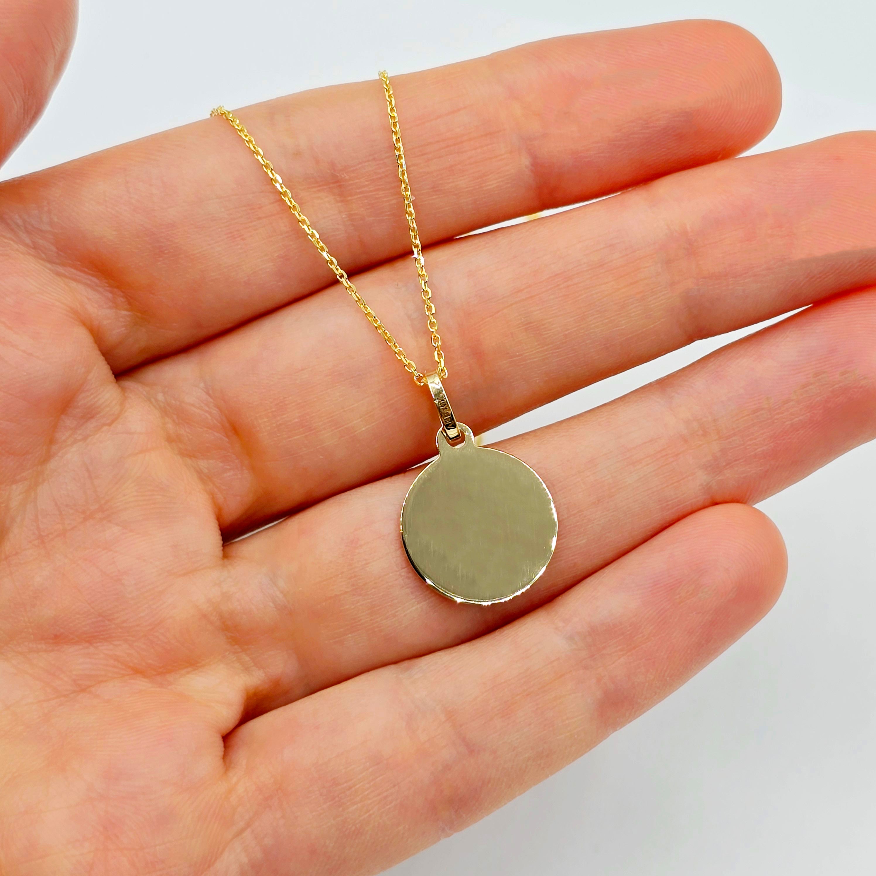 10K Yellow Gold Round Disc Pendant Necklace, Engravable Circle Pendant, Minimalist Unisex Gold Charm, Personalized Jewelry Gift for Her