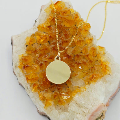 10K Yellow Gold Round Disc Pendant Necklace, Engravable Circle Pendant, Minimalist Unisex Gold Charm, Personalized Jewelry Gift for Her