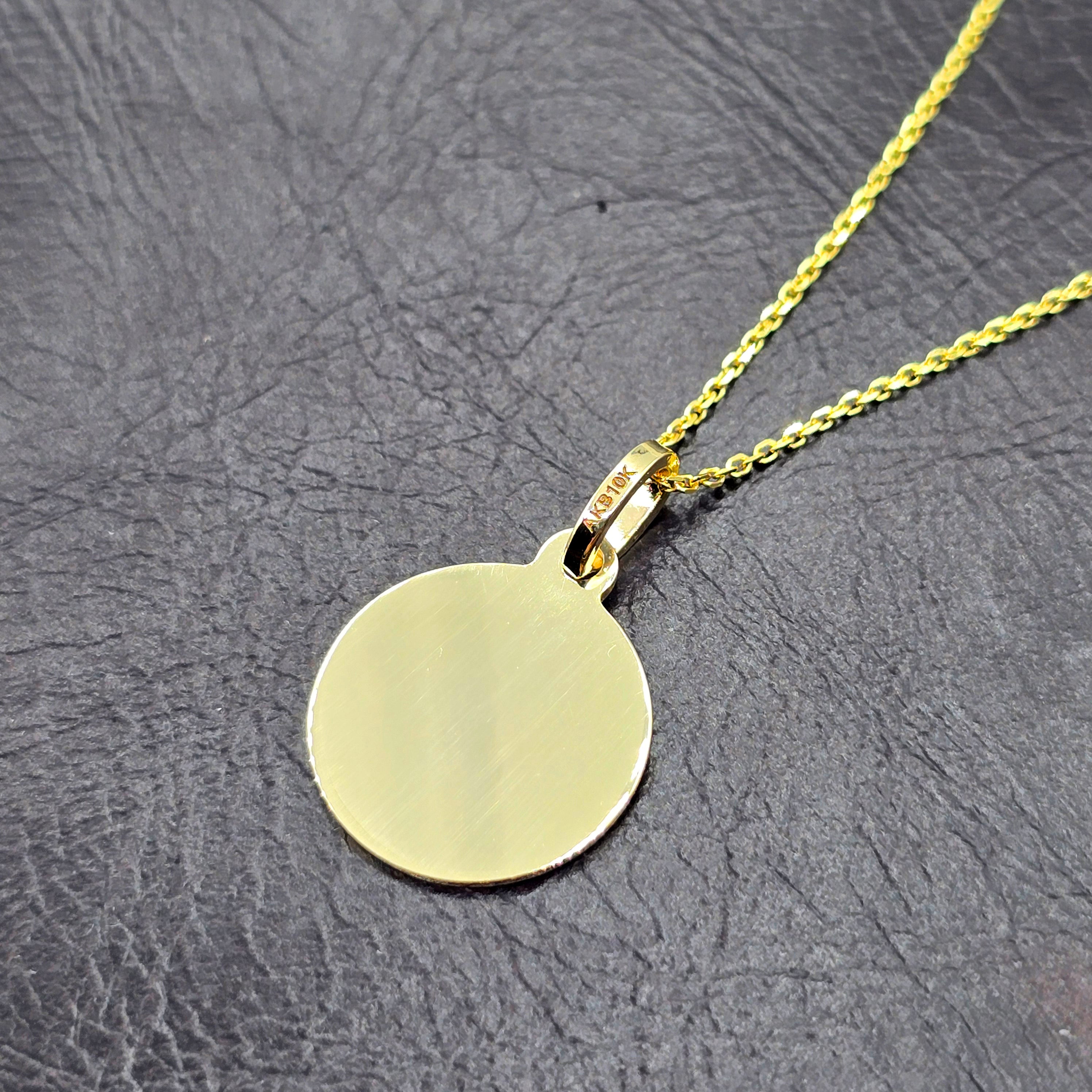 10K Yellow Gold Round Disc Pendant Necklace, Engravable Circle Pendant, Minimalist Unisex Gold Charm, Personalized Jewelry Gift for Her