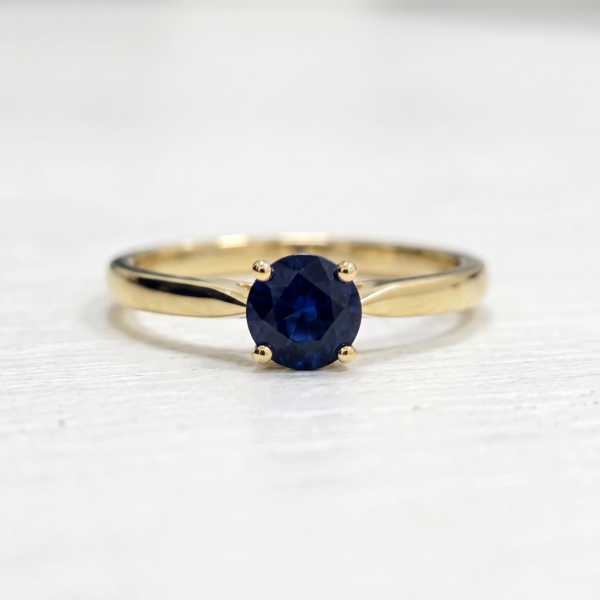 18K Yellow Gold Natural Sapphire Ring, 5mm Genuine Blue Sapphire Solitaire Ring, September Birthstone, Engagement Ring for Her