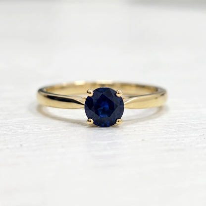 18K Yellow Gold Natural Sapphire Ring, 5mm Genuine Blue Sapphire Solitaire Ring, September Birthstone, Engagement Ring for Her