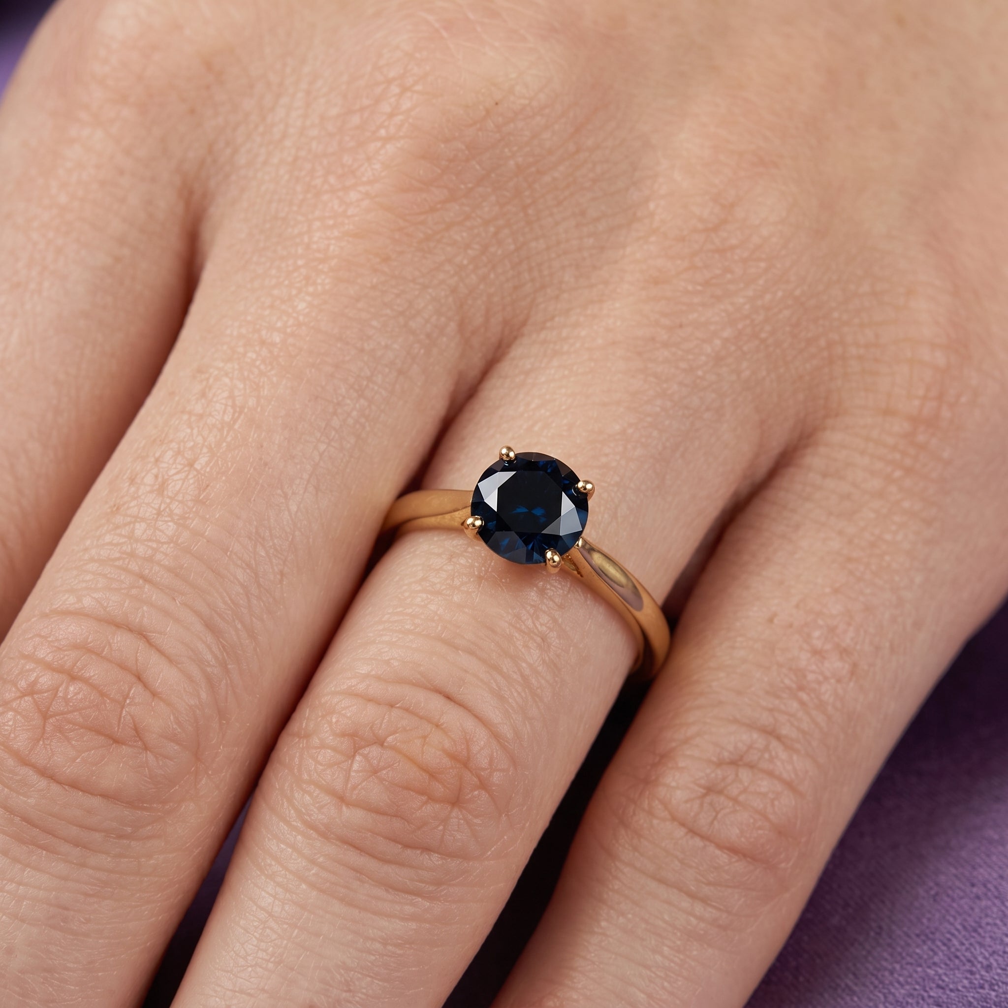 18K Yellow Gold Natural Sapphire Ring, 5mm Genuine Blue Sapphire Solitaire Ring, September Birthstone, Engagement Ring for Her