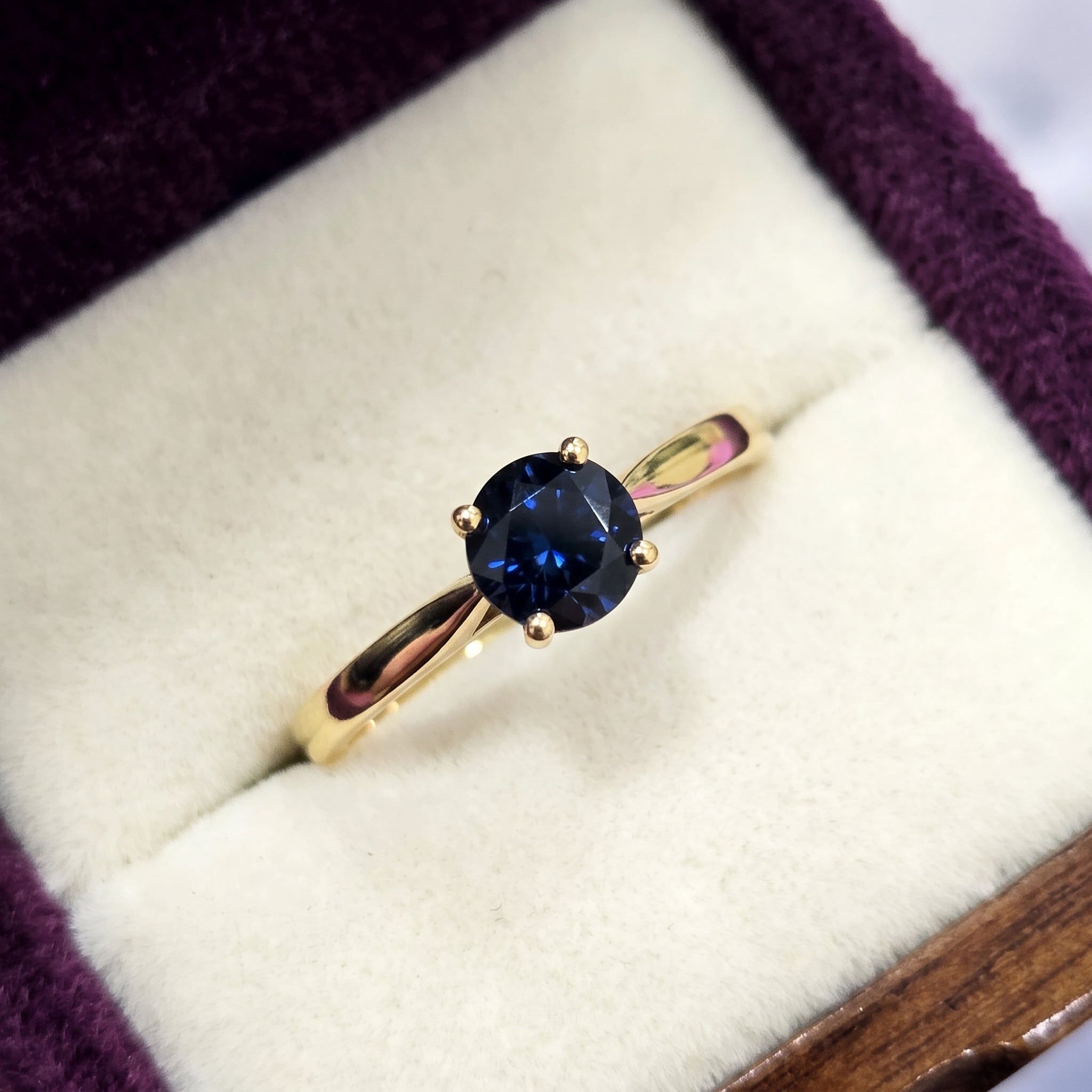 18K Yellow Gold Natural Sapphire Ring, 5mm Genuine Blue Sapphire Solitaire Ring, September Birthstone, Engagement Ring for Her