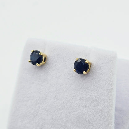 18K Solid Yellow Gold Natural Sapphire Stud Earrings, 4mm or 5mm Genuine Blue Sapphire Earrings, September Birthstone Gift