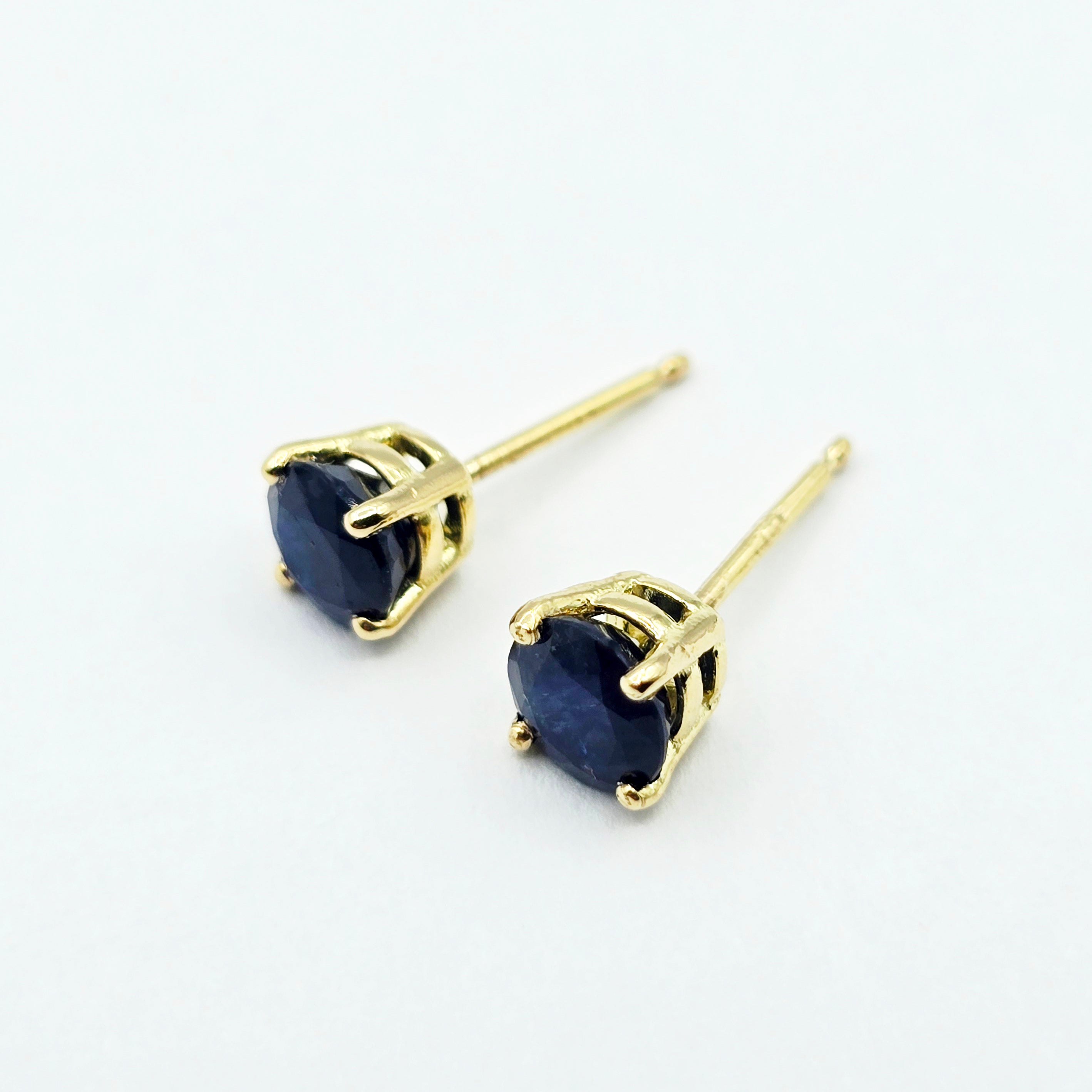 18K Solid Yellow Gold Natural Sapphire Stud Earrings, 4mm or 5mm Genuine Blue Sapphire Earrings, September Birthstone Gift
