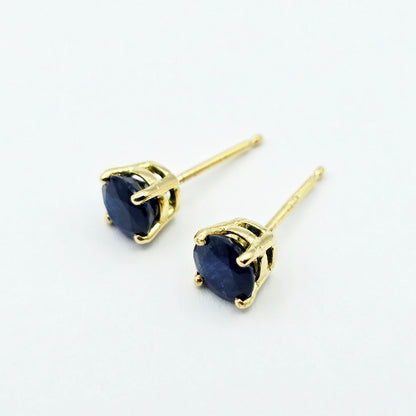 18K Solid Yellow Gold Natural Sapphire Stud Earrings, 4mm or 5mm Genuine Blue Sapphire Earrings, September Birthstone Gift