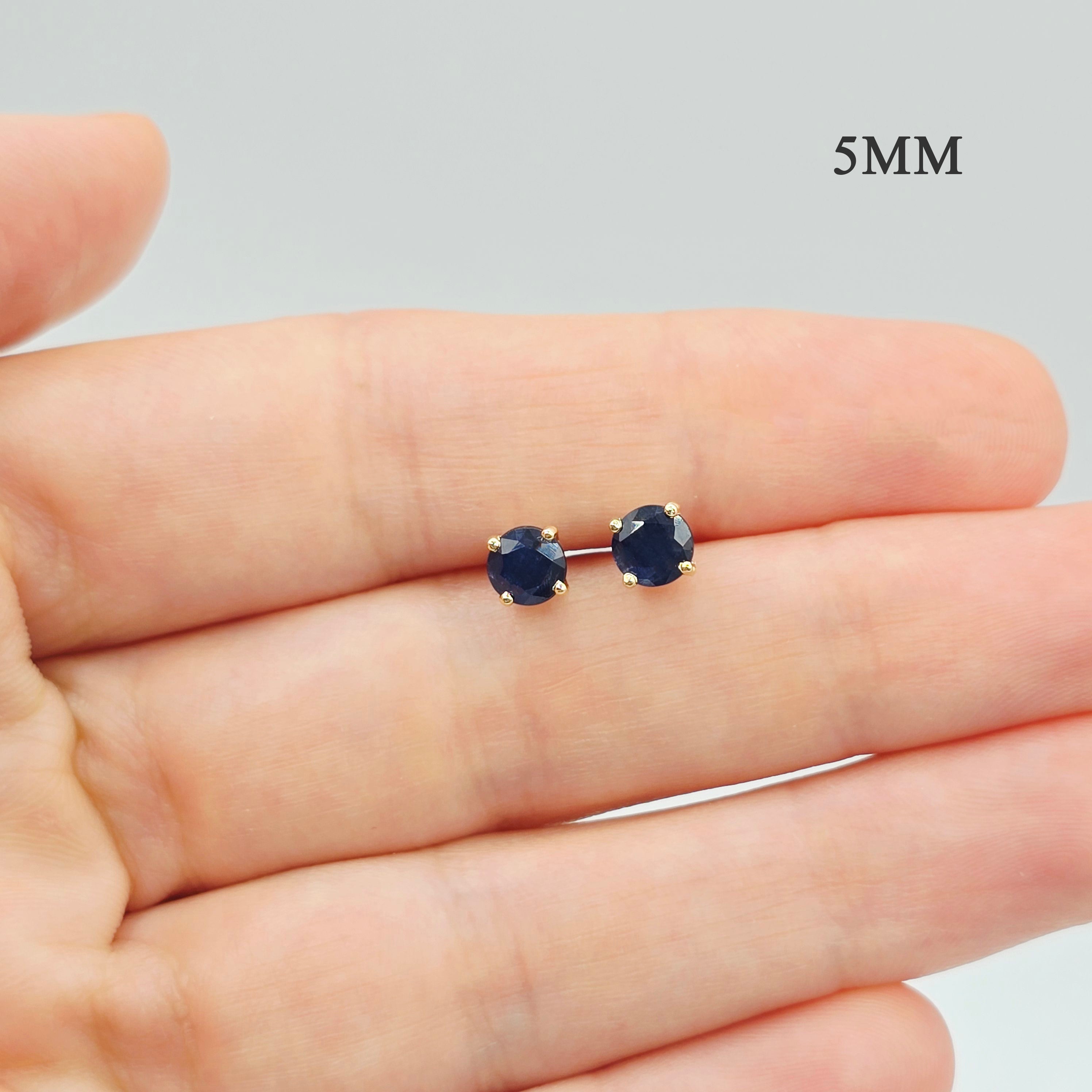 18K Solid Yellow Gold Natural Sapphire Stud Earrings, 4mm or 5mm Genuine Blue Sapphire Earrings, September Birthstone Gift