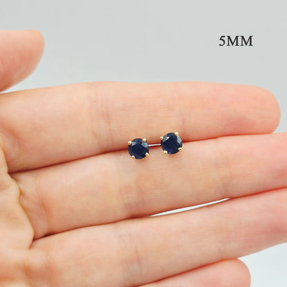 18K Solid Yellow Gold Natural Sapphire Stud Earrings, 4mm or 5mm Genuine Blue Sapphire Earrings, September Birthstone Gift