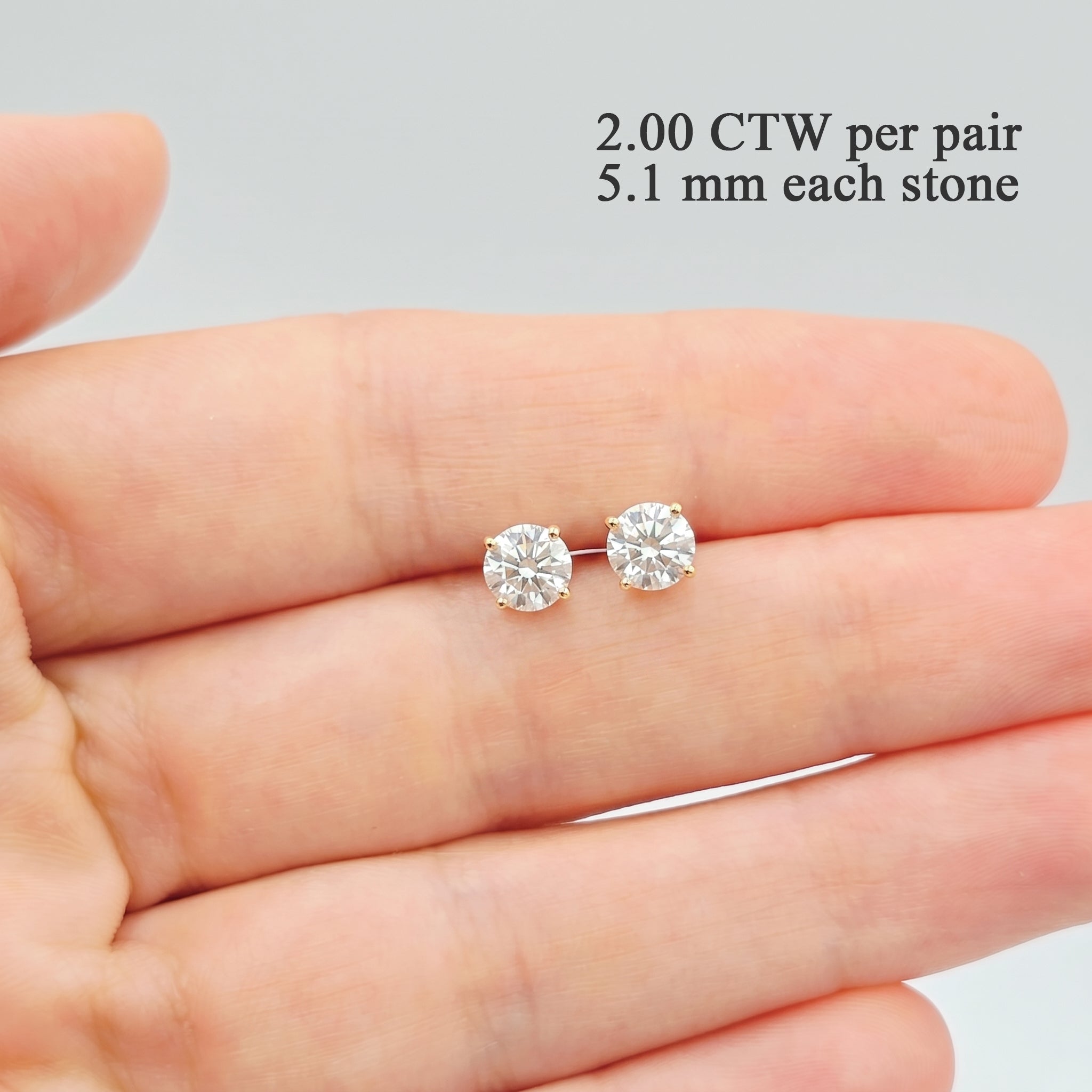 14K Solid Gold Lab Grown Diamond Stud Earrings, Round Brilliant, White or Yellow Gold