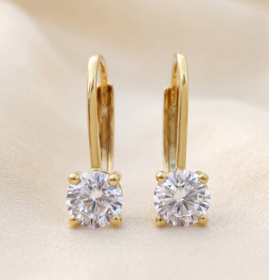 14K Solid Gold Lab Grown Diamond Lever Back Earrings, 5mm Round Diamond, Solitaire Drop Earrings, Bridal Gift for Her