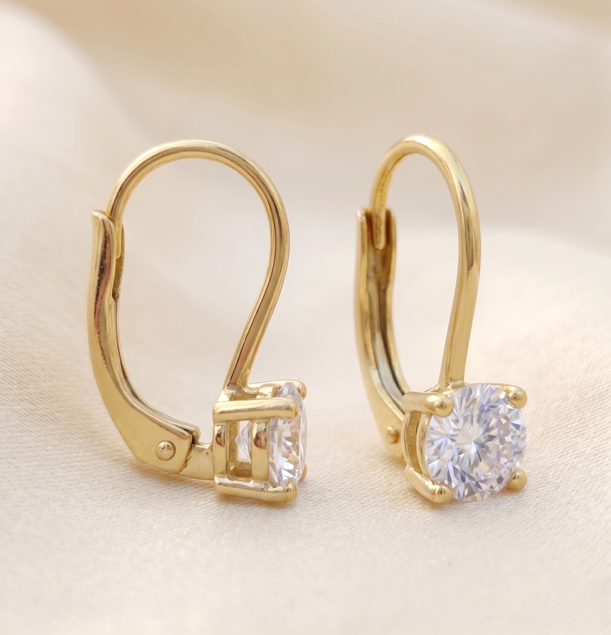 14K Solid Gold Lab Grown Diamond Lever Back Earrings, 5mm Round Diamond, Solitaire Drop Earrings, Bridal Gift for Her