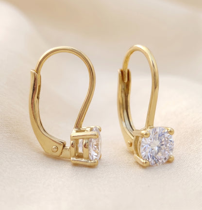 14K Solid Gold Lab Grown Diamond Lever Back Earrings, 5mm Round Diamond, Solitaire Drop Earrings, Bridal Gift for Her