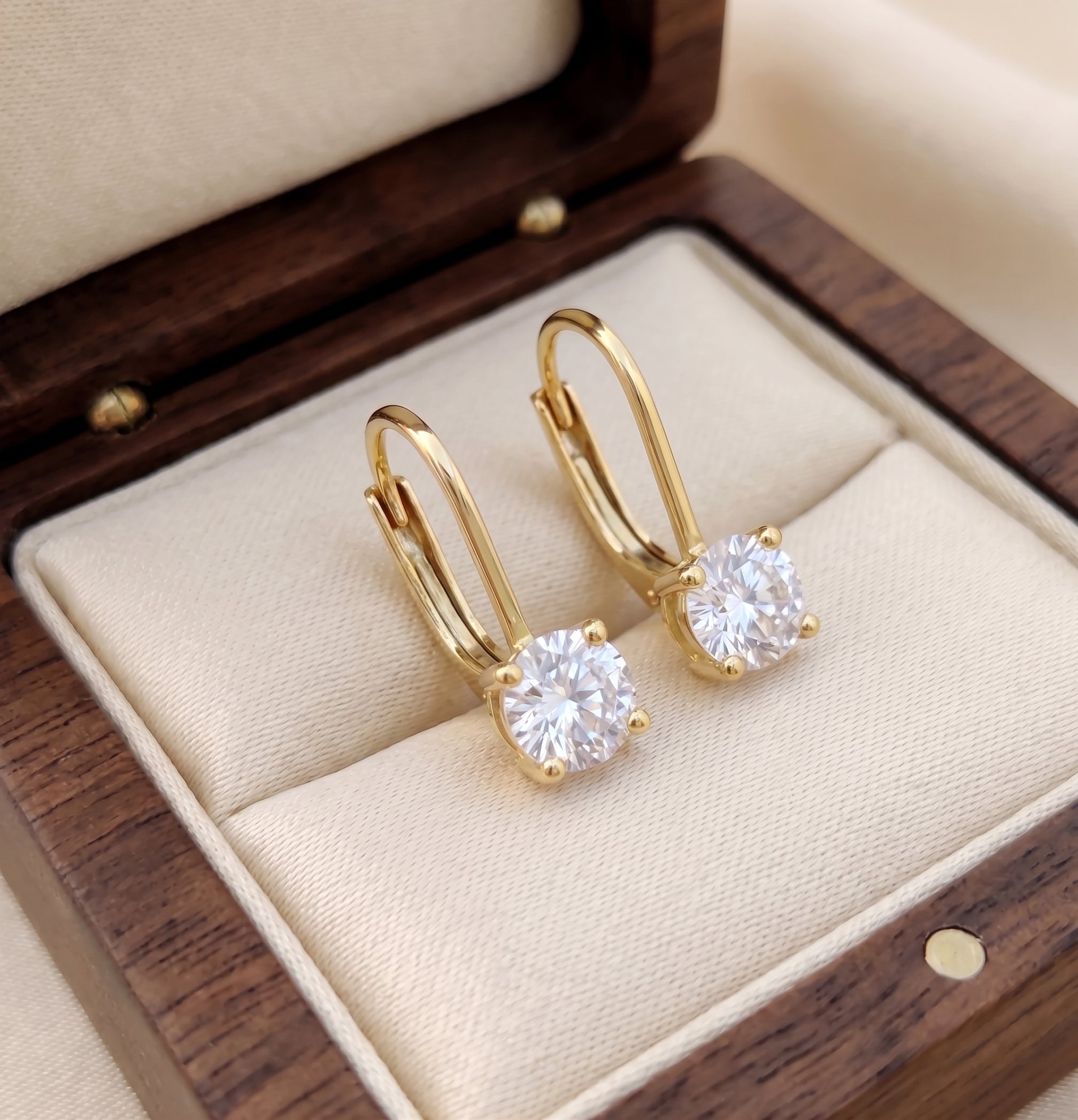 14K Solid Gold Lab Grown Diamond Lever Back Earrings, 5mm Round Diamond, Solitaire Drop Earrings, Bridal Gift for Her