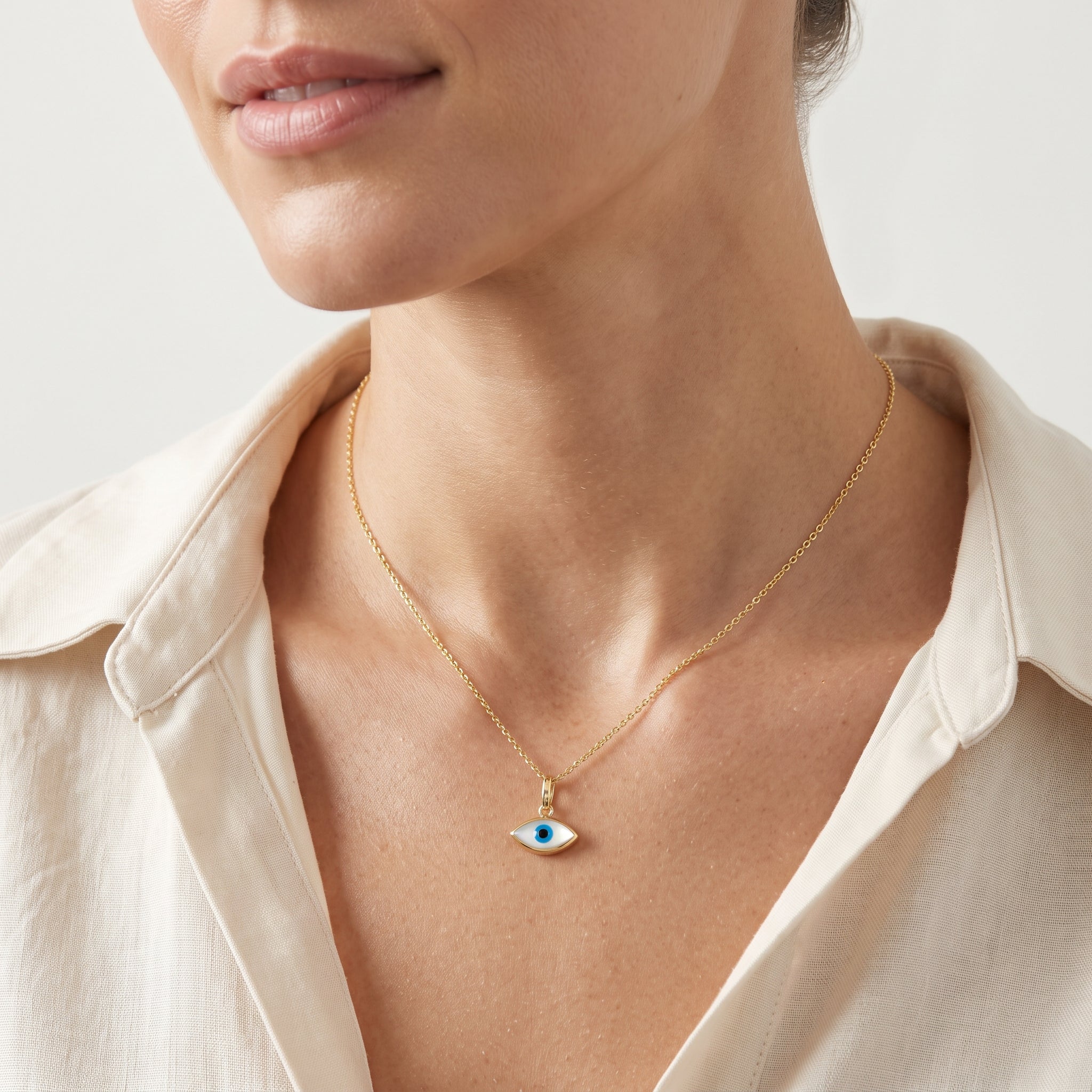 10K Solid Yellow Gold Evil Eye Necklace, Blue & White Eye Pendant
